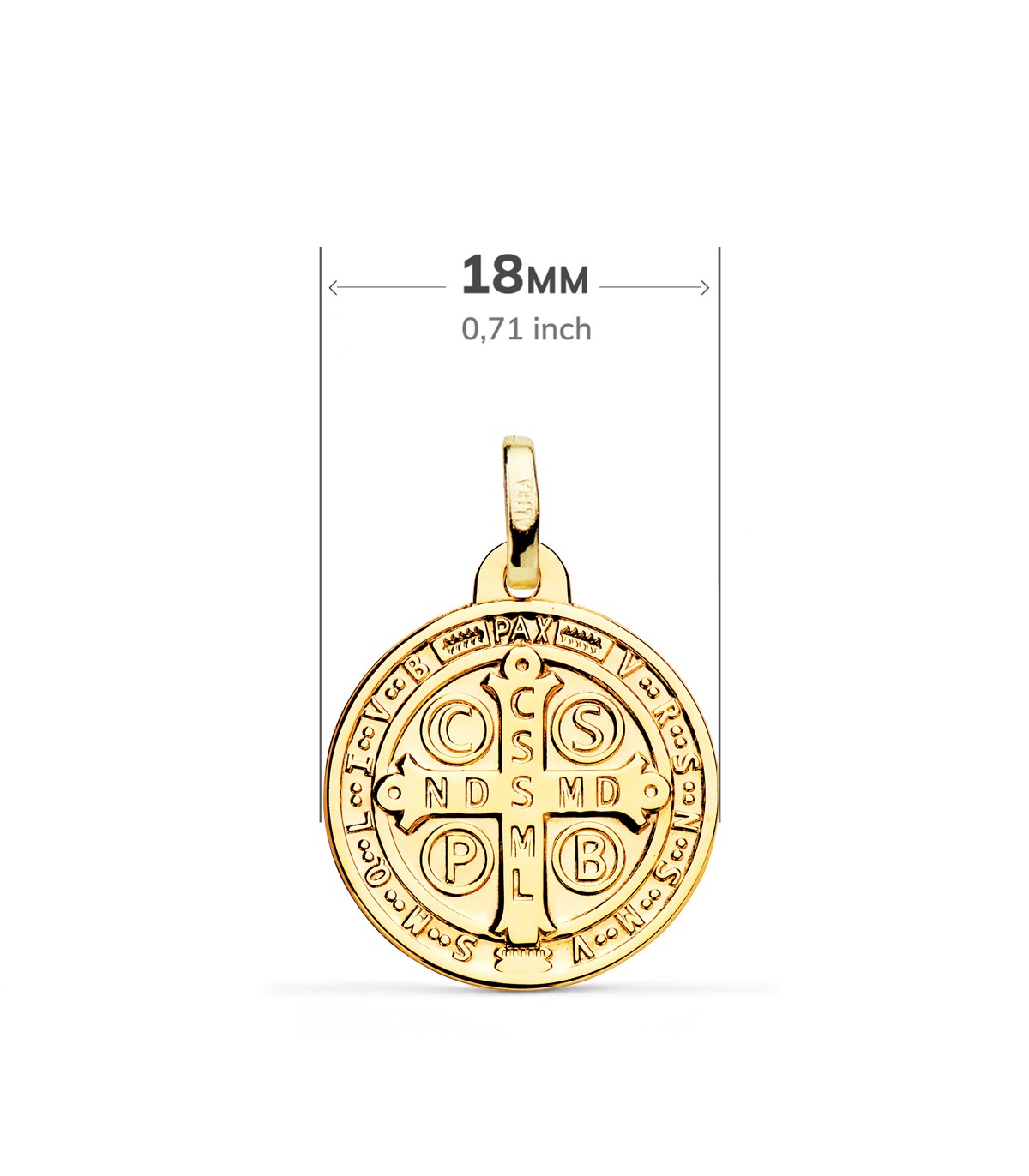 Cruz  San Benito, medalla de oro amarillo 18K 18mm Brillo - Medallas católicas para bautizos y comuniones.