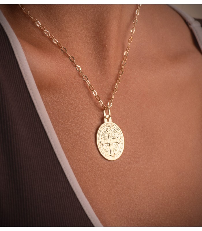 Croce di San Benedetto, medaglietta scapolare oro 18kt satinata e lucida 24mm