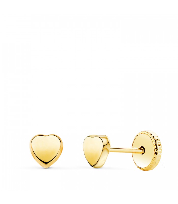 Pendientes oro Zarina corazón 18K 4mm. Pendientes bebé con cierre de rosca.