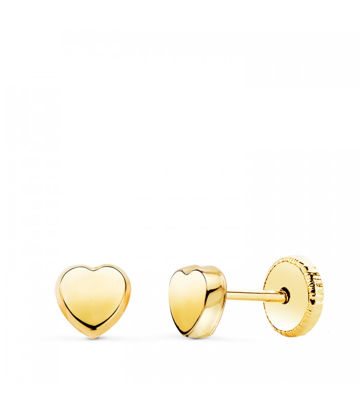 Pendientes oro Zarina corazón 18K 5mm. Pendientes bebé con cierre de rosca.
