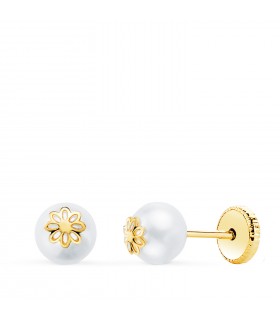 Pendientes de perlas oro 18k Pearl & Flower 5mm. Regalo para bebé, bautizo, recién nacida.