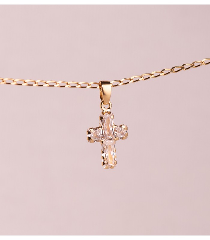 Goldkreuz 18K & Zirkoniasteinen Baguette und Prinzess | Kettenkreuz für Damen