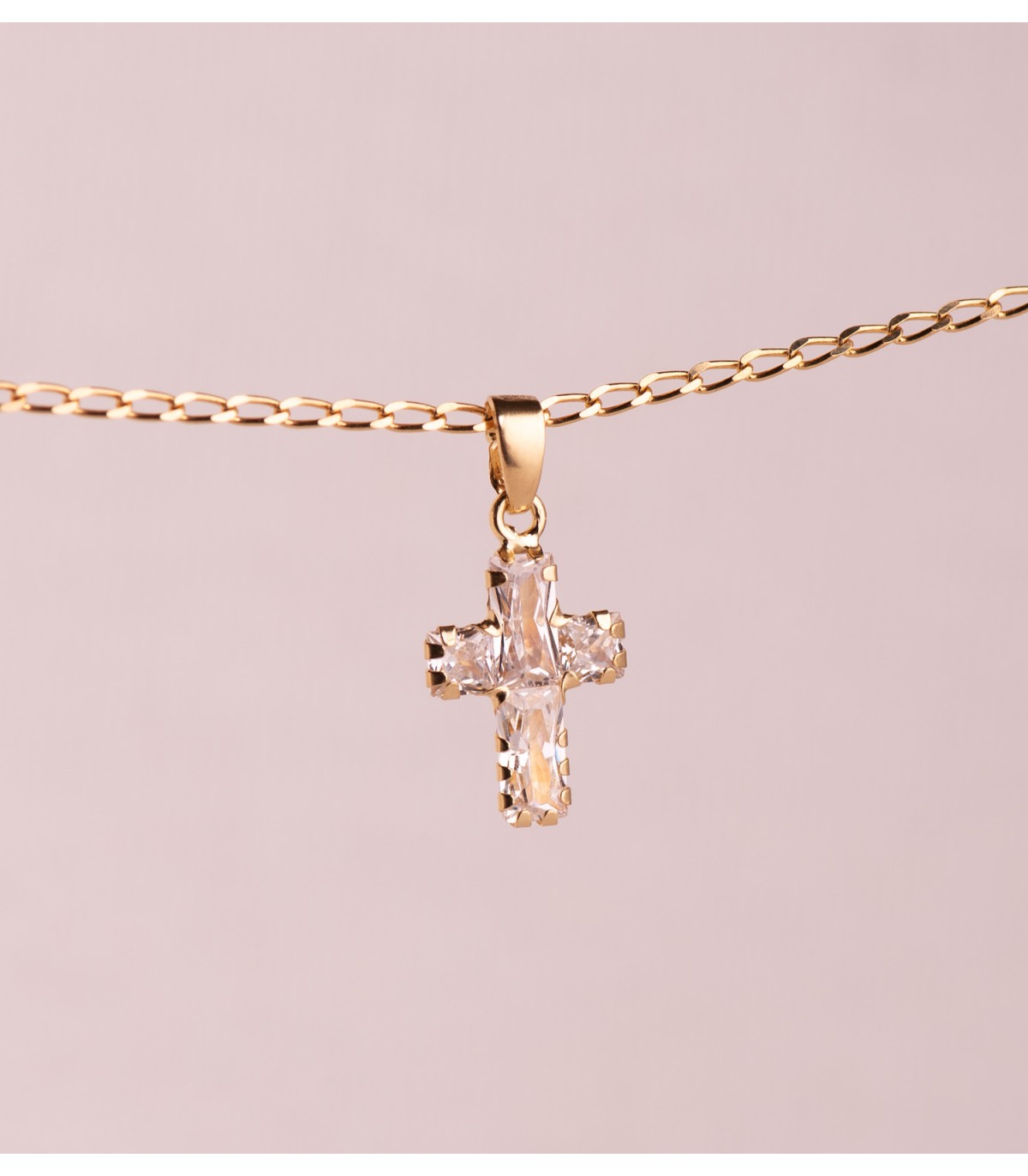 Goldkreuz 18K & Zirkoniasteinen Baguette und Prinzess | Kettenkreuz für Damen