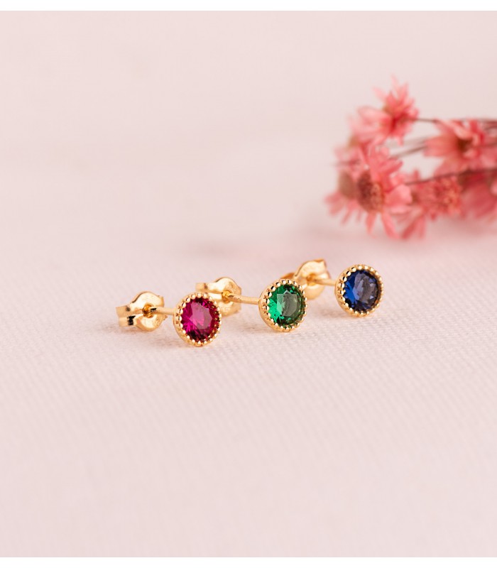 Boucles d'oreilles en or 18 750/1000, modèle Secret avec pierre verte 5 mm - clous d'oreilles, bijoux pour femme