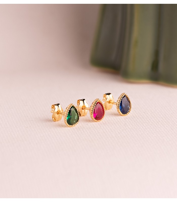 Orecchini in oro 18kt 750/1000, modello Secret con zirconi colorati a goccia - orecchini a lobo di bottone, gioielli da donna