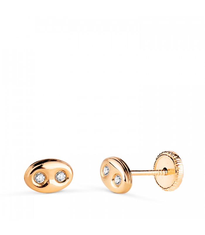 Boucles d'oreilles Grain de café Or 18K & Zircon 6 mm, style classique. Bijoux femme, boucle d'oreille en or.