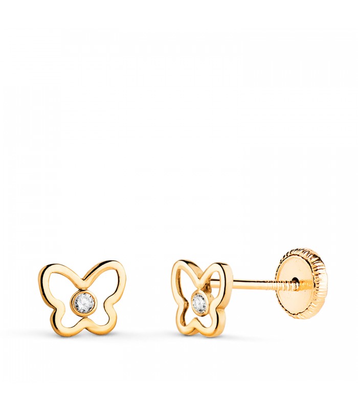 Orecchini da bambina a forma di farfalla traforata con zirconi, modello Malen 6,5 mm.