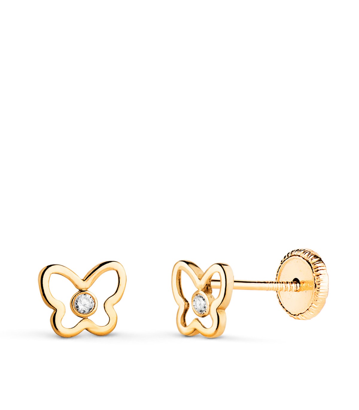 Orecchini da bambina a forma di farfalla traforata con zirconi, modello Malen 6,5 mm.