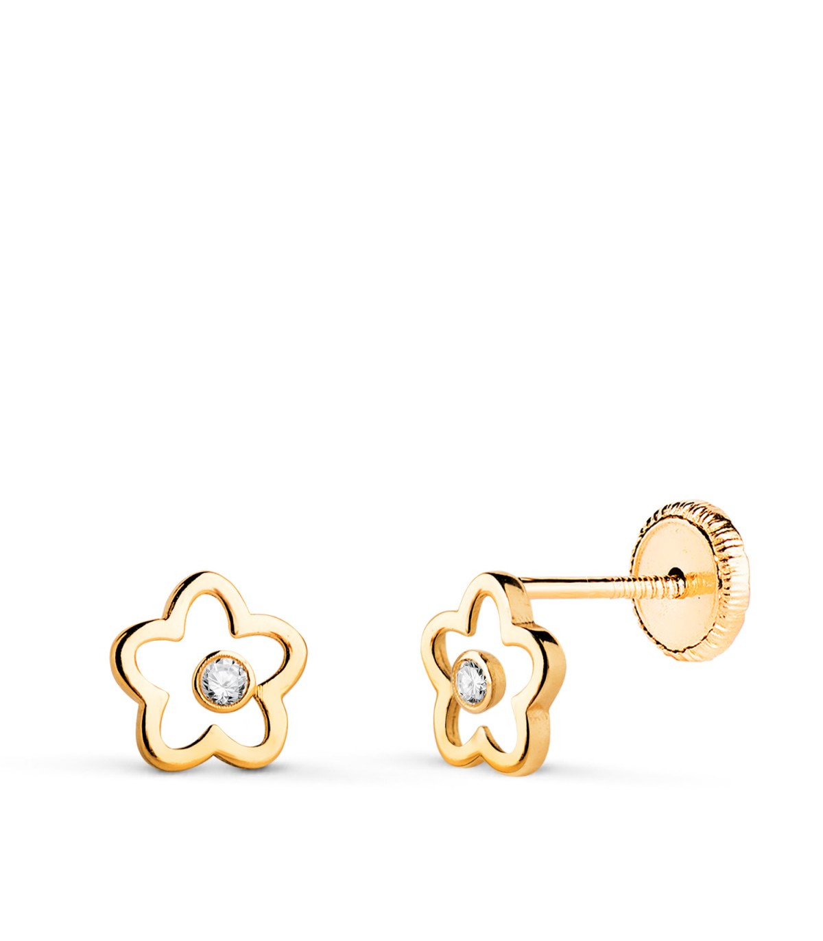 Orecchini da bambina a forma di fiore traforato con zirconi, modello Malen 6,5 mm.