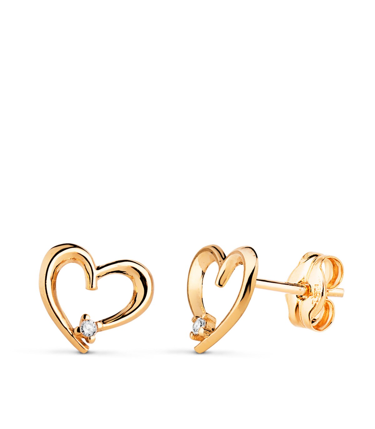 Boucles d'oreilles en or pour femme , modèle Penny 9 mm, clous d'oreilles cœur zircons et or 18 carats.