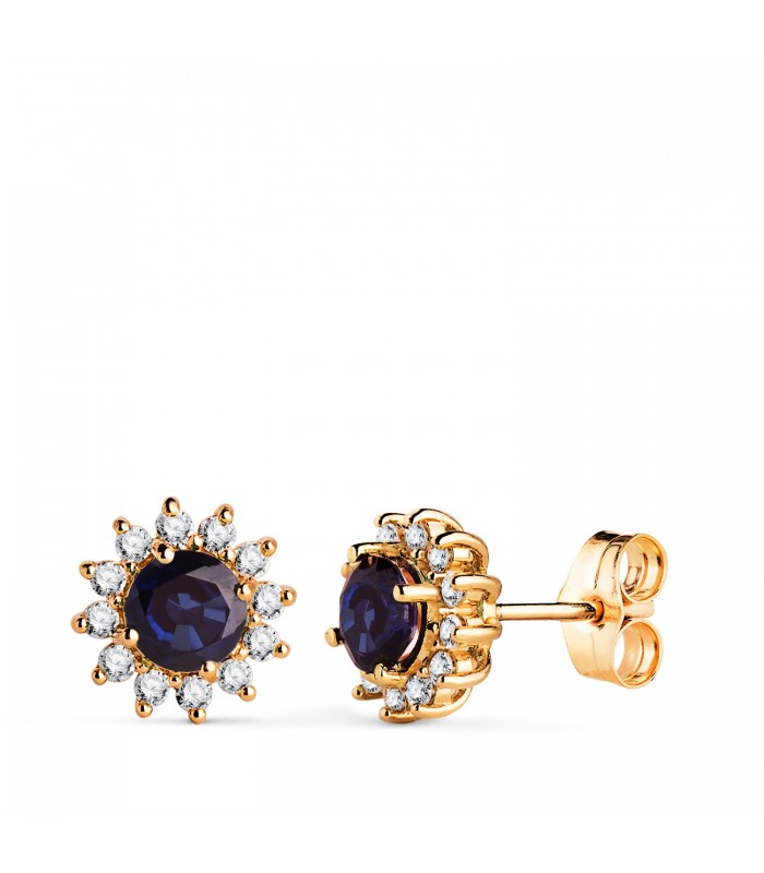 Pendientes con zafiro azul y diamantes en oro amarillo 18 kilates, ideales para regalo mujer Navidad y Novia.