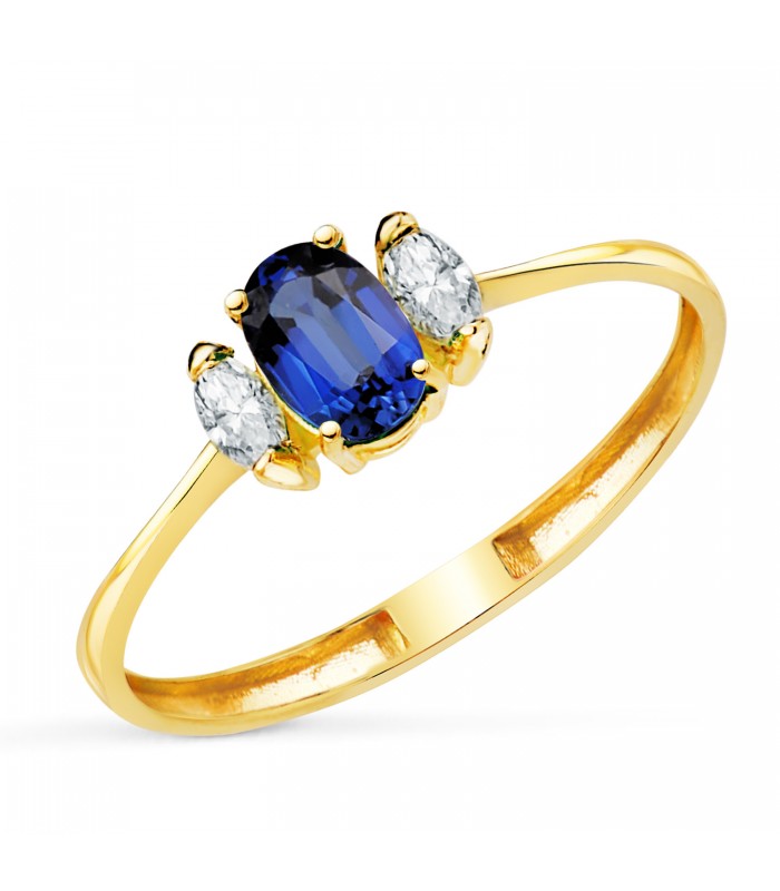 Anello con zaffiro e brillanti in oro giallo 750, ideale regalo donna: Natale, Proposta Matrimonio.