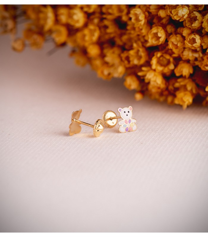 Pendientes de oro para niñas - Oso colores 7 mm - cierre rosca