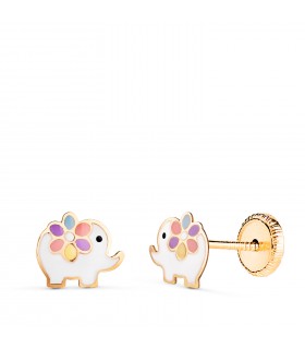 Orecchini in oro 18kt per bambine - Motivo a elefanti colorati 7 mm - chiusura a vite