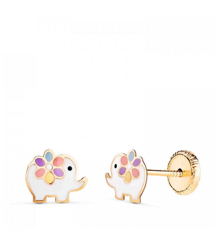 Orecchini in oro 18kt per bambine - Motivo a elefanti colorati 7 mm - chiusura a vite