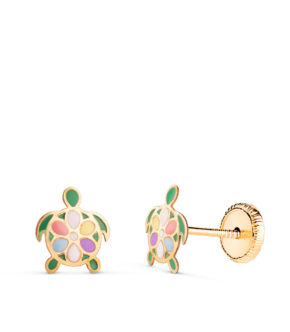 Boucles d'oreilles en or pour filles - Motif tortues émaillées couleurs 7.5 mm - fermoir à vis