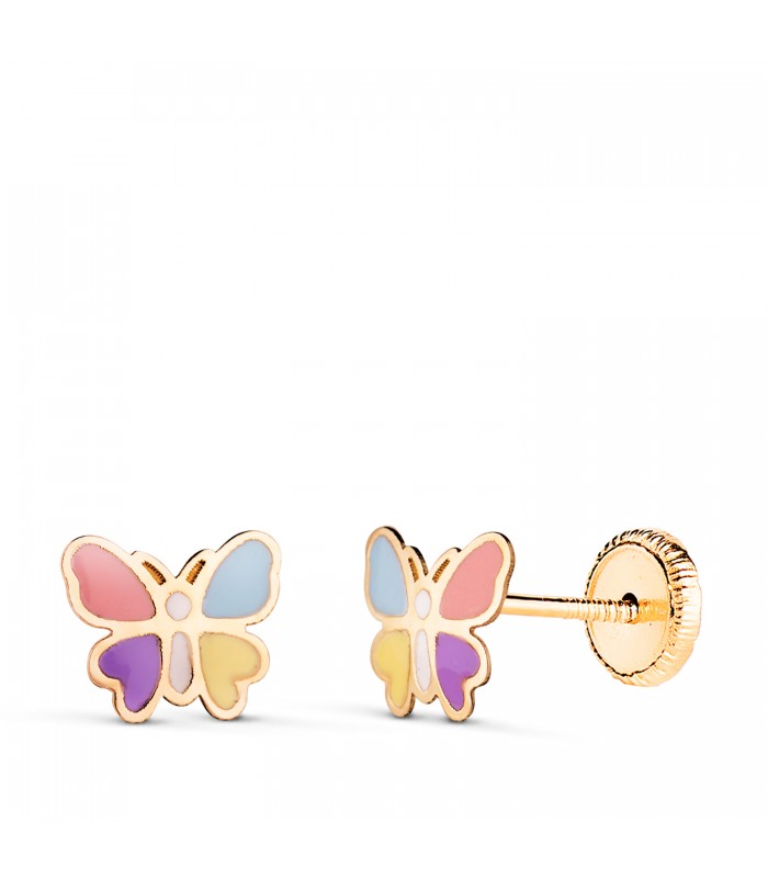 Pendientes de oro para niñas - Motivo mariposas colores 7 mm con cierre rosca