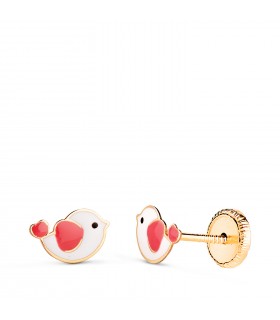 Orecchini in oro 18kt per bambine - Forma uccellini colorati 7.5 mm - chiusura a vite