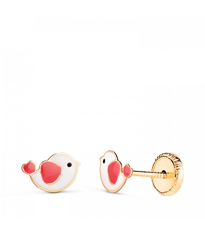 Pendientes de oro para niñas - Forma pájaro colores 7,5 mm - cierre rosca