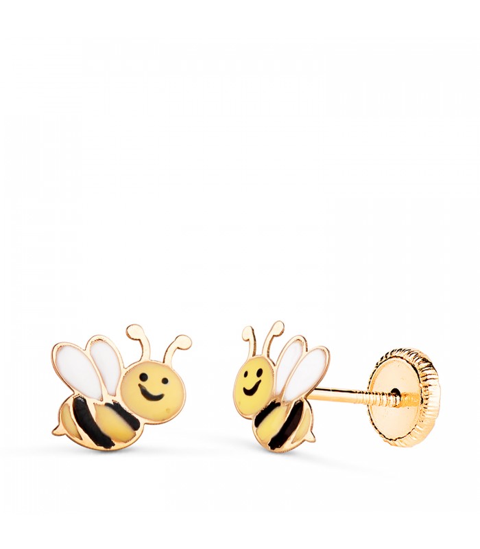 Boucles d'oreilles en or enfant - Forme abeille émaillée couleurs 8 mm