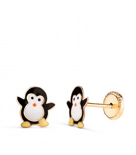 Orecchini in oro 18kt per bambine - Forma Pinguini colorati 8 mm - chiusura a vite