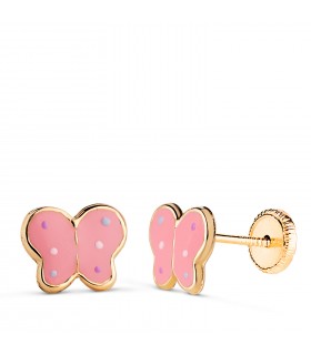 Pendientes niña mariposa esmaltada rosa. Pendientes con cierre rosca oro 18 kilates.