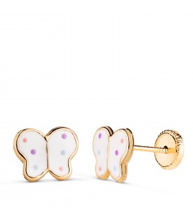 Pendientes niña mariposa esmaltada blanca. Pendientes con cierre rosca oro 18 kilates.