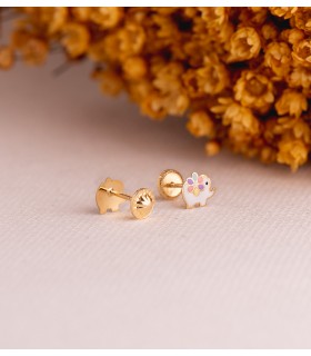 Orecchini in oro 18kt per bambine - Motivo a elefanti colorati 7 mm - chiusura a vite