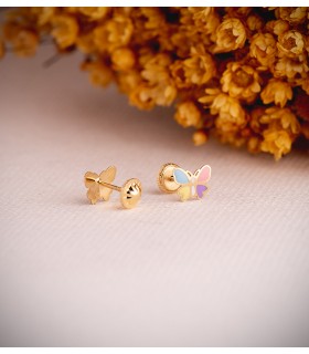 Orecchini oro 18kt da bambina e ragazza - Farfallina colorata con smalto, 7 mm.
