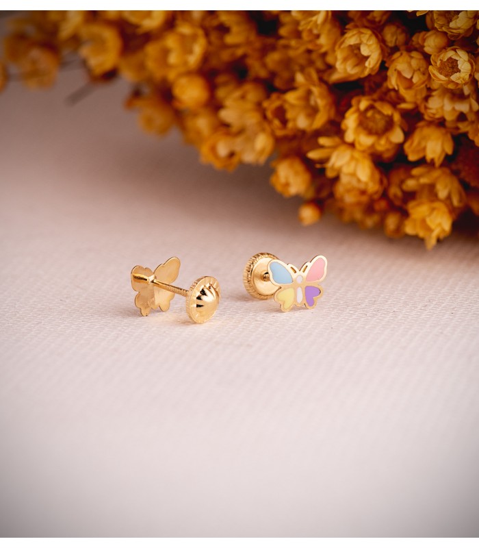 Boucles d'oreilles en or pour filles - Motif papillon émaillées couleurs 7 mm - fermoir à vis