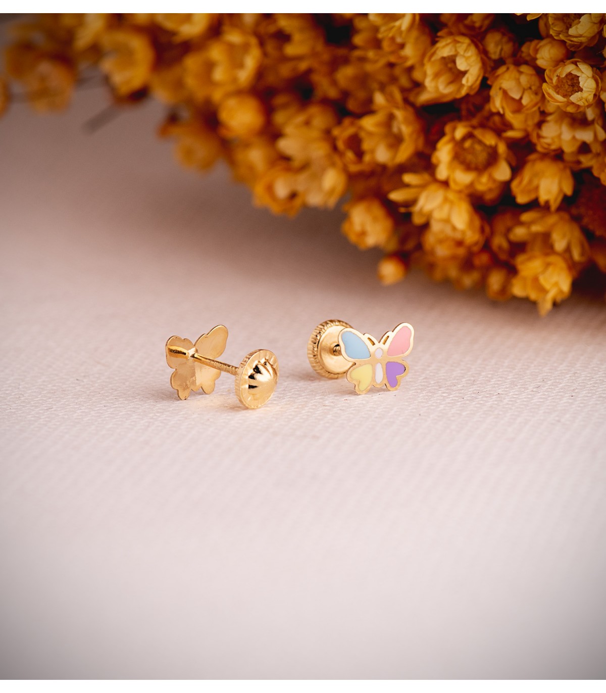 Orecchini oro 18kt da bambina e ragazza - Farfallina colorata con smalto, 7 mm.
