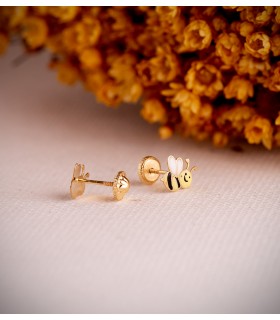 Pendientes de oro para niñas - Forma abejas colores 8 mm - cierre rosca