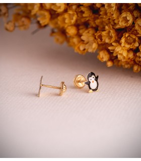Boucles d'oreilles en or enfant - Forme Pingouin émaillé couleurs 8 mm