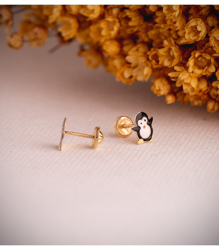 Orecchini in oro 18kt per bambine - Forma Pinguini colorati 8 mm - chiusura a vite