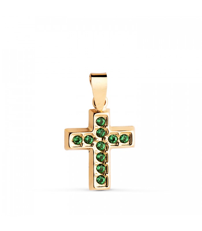 Croce con pietre verdi Oro 18kt, ciondolo con zirconi colorati, ideale per donna o comunione.