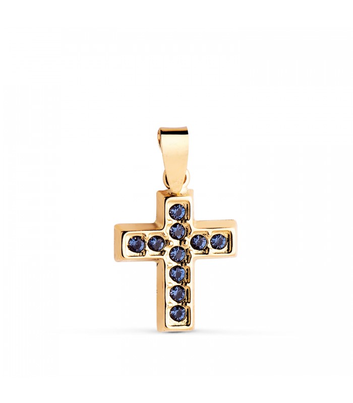 Croce con pietre blu Oro 18kt, ciondolo con zirconi colorati, ideale per donna o comunione.