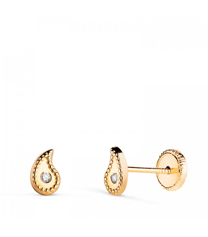 Puces d'oreilles Goutte d'eau Or jaune 750 avec Oxyde de Zirconium. Boucles pour femmes.