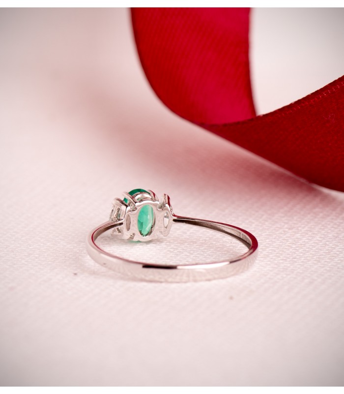 Anillo oro con esmeralda y diamantes - Oro blanco 18 kilates, ideal regalo para mujer: Navidad, Compromiso Boda.
