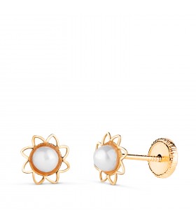Orecchini con perle per bambina in oro 18 carati Nelia, forma a sole traforato e chiusura a vite.