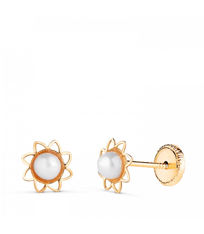 Boucles d'oreilles avec perles pour fille, or 18 carats Nelia, forme soleil ajourée et fermoir à vis.