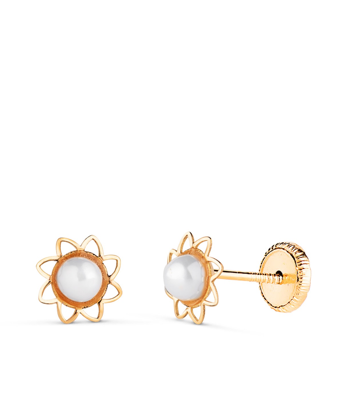 Boucles d'oreilles avec perles pour fille, or 18 carats Nelia, forme soleil ajourée et fermoir à vis.