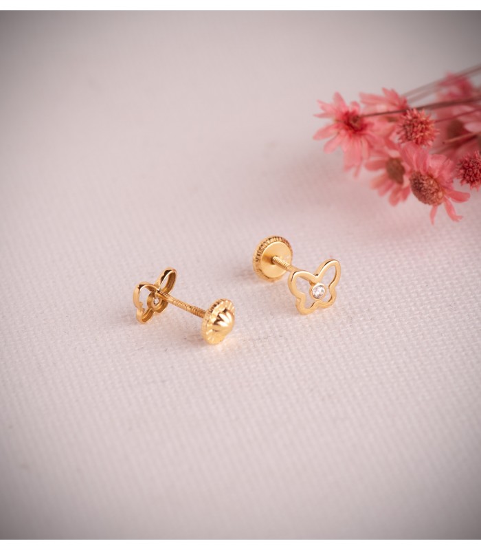 Orecchini da bambina a forma di farfalla traforata con zirconi, modello Malen 6,5 mm.
