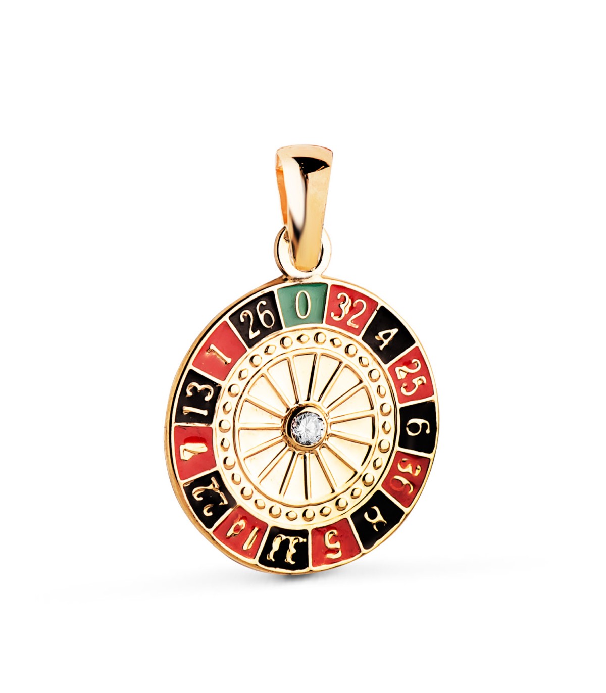 Pendentif pour homme roue de casino émaillée Or Jaune 18K - Diamètre : 14,5 mm.