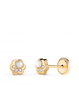 Orecchini con perla Claudia 5 mm in oro 18 carati, orecchini a fiore per bambina o neonata.