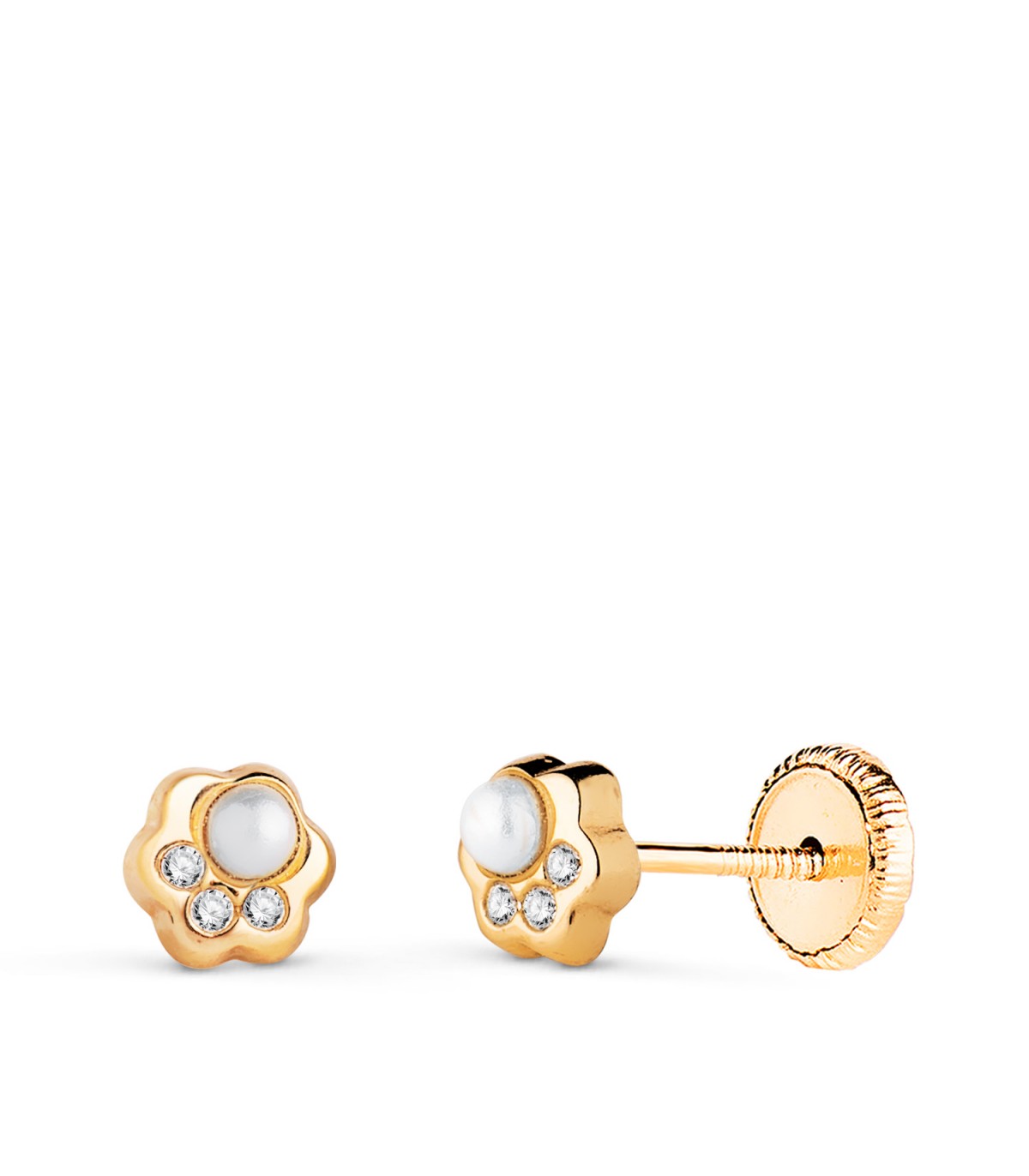 Orecchini con perla Claudia 5 mm in oro 18 carati, orecchini a fiore per bambina o neonata.