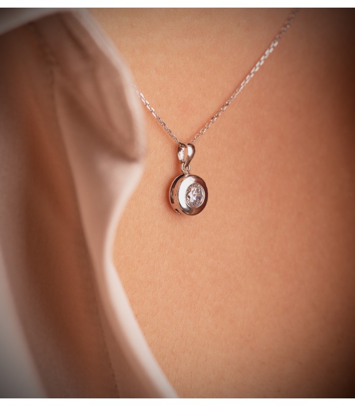 Pendentif femme en or blanc 750, collier solitaire rond avec zircone taille brillant 8,5 mm
