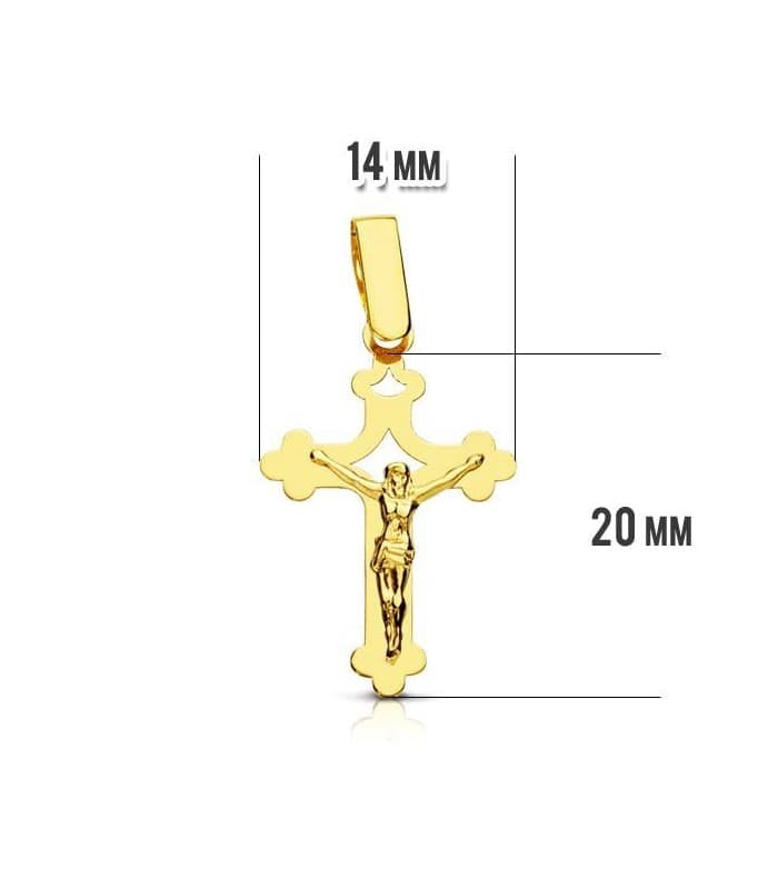 Cruz de oro amarillo con Cristo en brillo para mujer y comunión - Cruz trilobulada 20mm