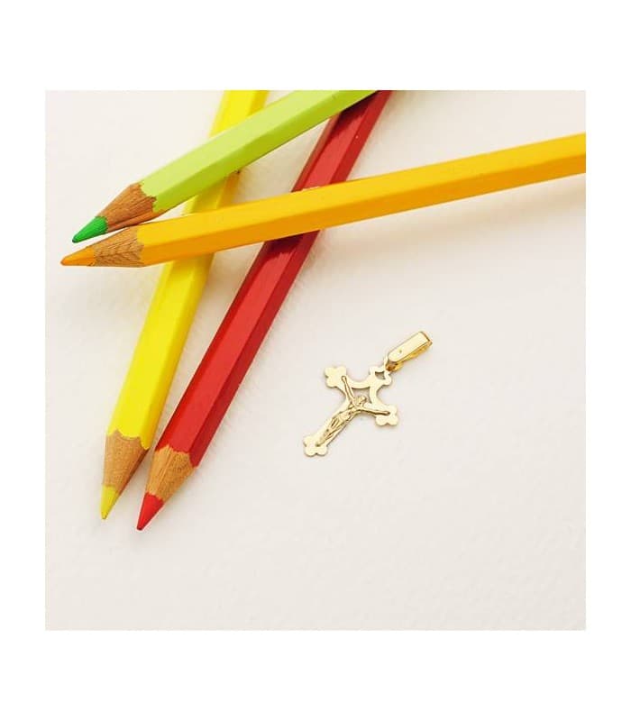 Cruz de oro amarillo con Cristo en brillo para mujer - Cruz trilobulada 20mm