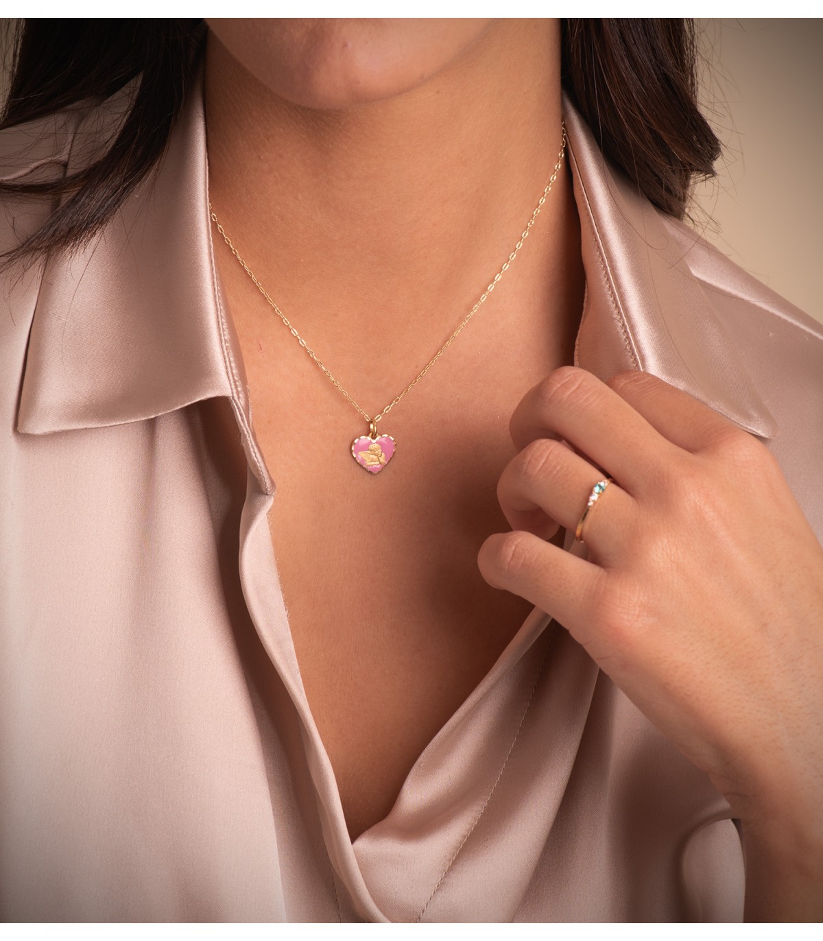 Medaglia cuore angelo oro 18kt 14mm Rosa, ciondolo nascita e battessimo