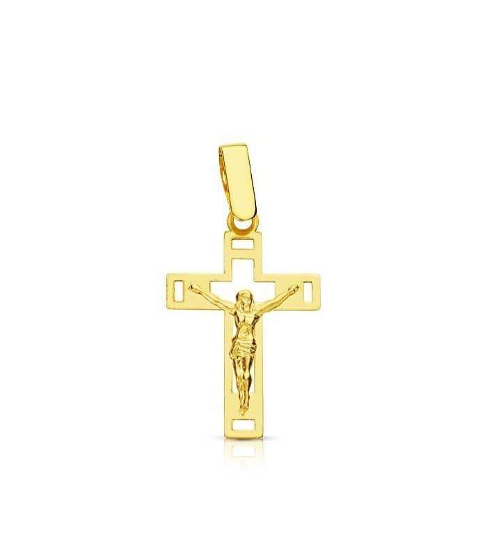 Croce con Cristo traforata oro 750 19 mm - Gioielli per battesimo, comunione e cresima.